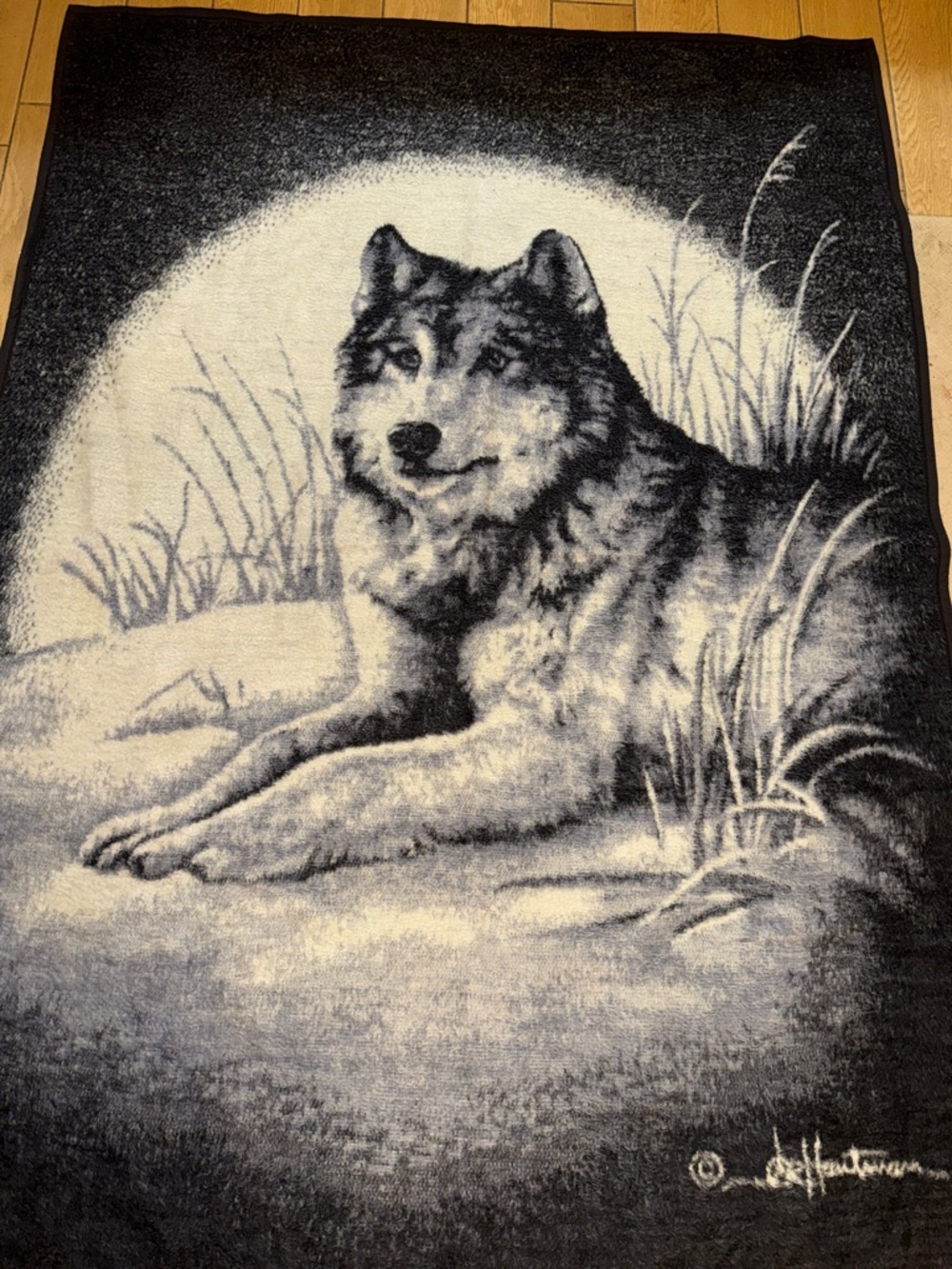 Vintage Biederlack Reversible Throw Blanket Wolf in Full Moon USA 58” x 84”